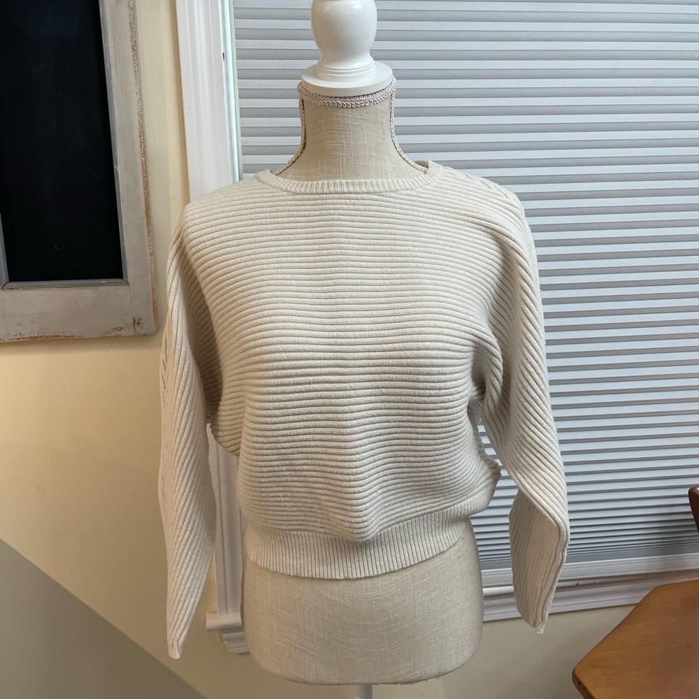 Express Cream Crew Neck Sweater with Ribbed Knit Texture